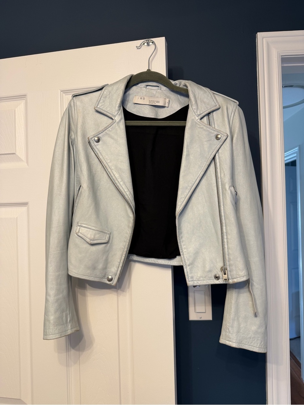IRO Light Blue Cropped Leather Moto Jacket